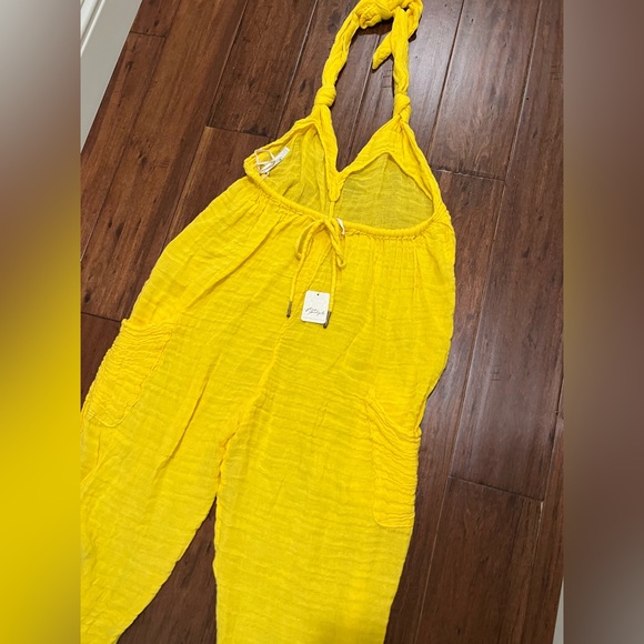 Free People Free-est Knot It Up Low Back Jumpsuit Halter Bohemian Gauze Yellow - Picture 12 of 12
